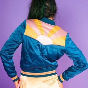 Teal Satin Bomber Jacket with Sunrise Panel